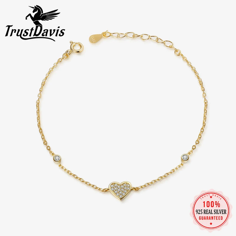 Trustdavis Real 925 Sterling Silver Sweet Simplicity Heart Zircon Bracelet Women Girls Birthday Party Gift Jewelry DS4140