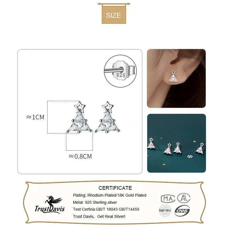 Trustdavis Genuine 925 Sterling Silver Christmas Tree Dazzling CZ Stud Earrings For Women Valentine's Day Fine Jewelry DS646