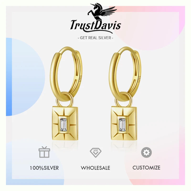 18K Gold Square Shiny CZ Pendant Hoop Earrings DF248