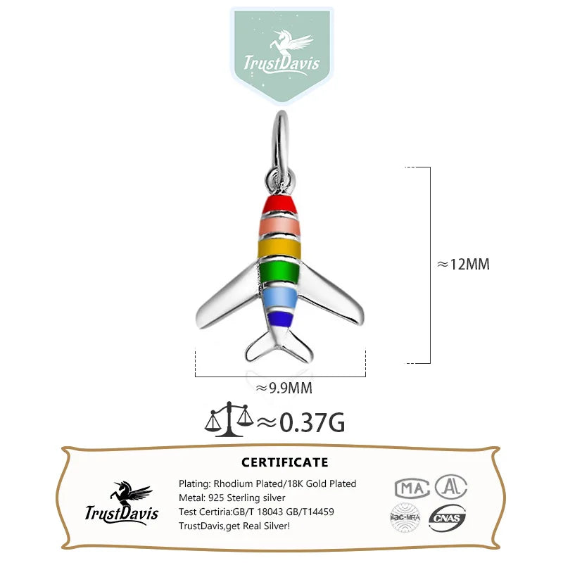 TrustDavis Real 925 Sterling Silver Fashion Color Drip Glue Aircraft Charm Pendant Handmade DIY Accessories Fine Jewelry DZ212