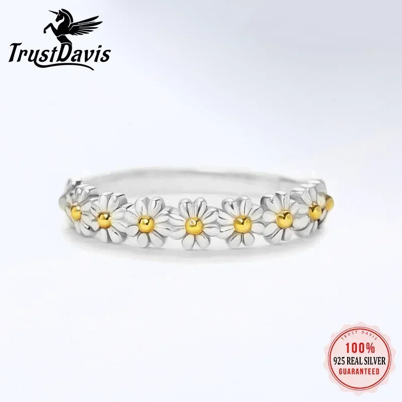TrustDavis 2024 Real 925 Sterling Silver Small Daisy Flowers Rings for Women Wedding Anniversary Gift Fashion Jewelry DS3547