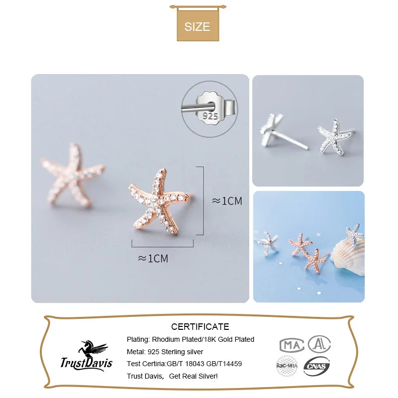 TrustDavis Original 925 Sterling Silver Star Starfish Stud Earrings For Women Birthday Wedding Party Fine Zircon Jewelry DA2776