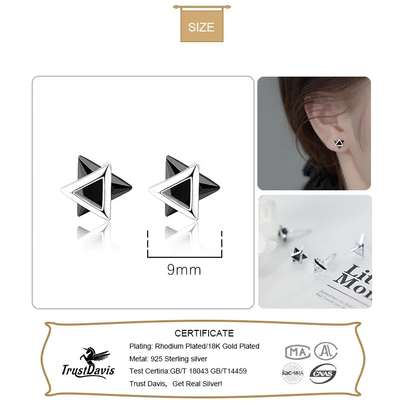 TrustDavis Genuine 925 Sterling Silver White Black Triangle Zircon Stud Earrings For Women Wedding Silver 925 Jewelry DS533