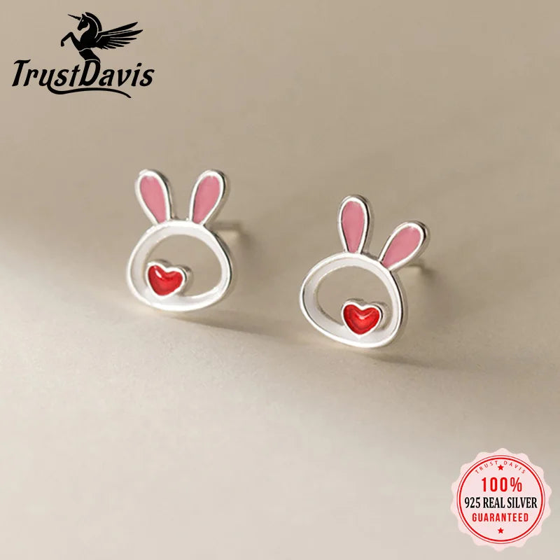 TrustDavis Real 925 Sterling Silver Kids Earring New Cute Heart Rabbit Stud Earrings For Daughter Girls Fine Jewelry Gift DG0193