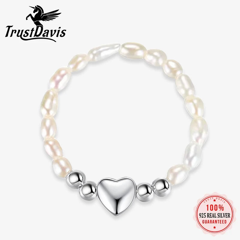 TrustDavis Real 925 Sterling Silver Sweet Pearl Heart Beads Elastic Rings For Women Party S925 Jewelry DA1308