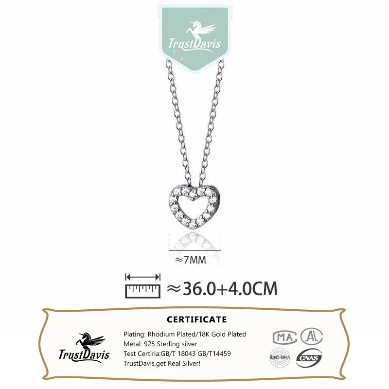 TrustDavis Real 925 Sterling Silver Fashion Simple Heart-shaped Hollow Zircon Necklacefor Women Girls Gift Fine Jewelry DS4700