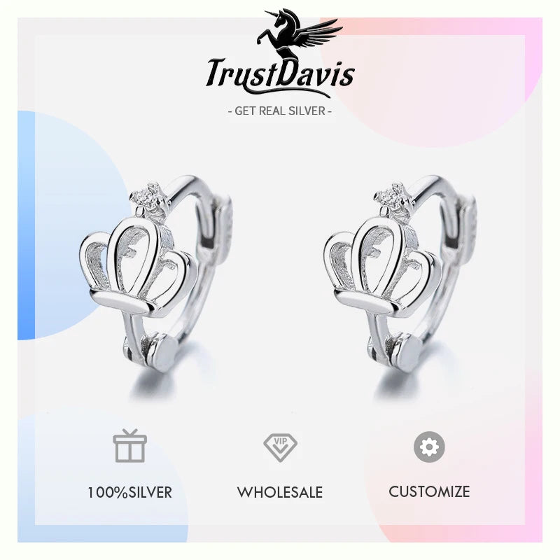 TrustDavis Real 925 Sterling Silver Fashion Temperament Crown Hoop Earrings for Women Wedding Birthday Fine Jewelry DZ1709