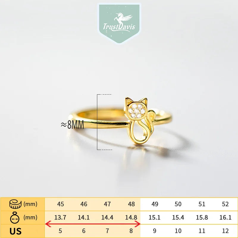 TrustDavis Real 925 Sterling Silver Fashion Cat with Zirconr Ring lAdjustable Ring for Women Wedding Party Fine Jewelry DS4173