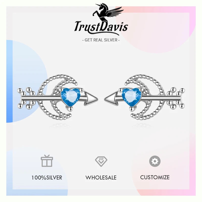 Trustdavis Real 925 Sterling Silver Sweet Heart Moon Zircon Stud Earrings for Women Wedding Party Fine S925 Jewelry DA3219