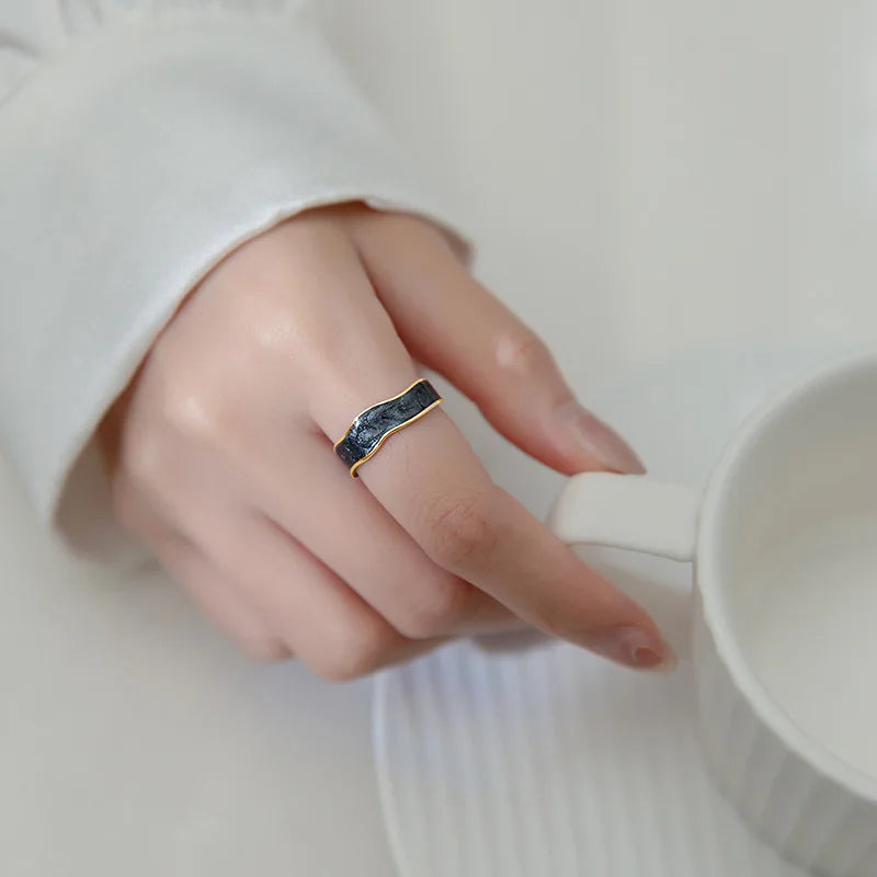 TrustDavis Real 925 Sterling Silver Fashion Glaze Irregular Wave Opening Ring For Women Wedding Birthday Present Jewelry DB1374