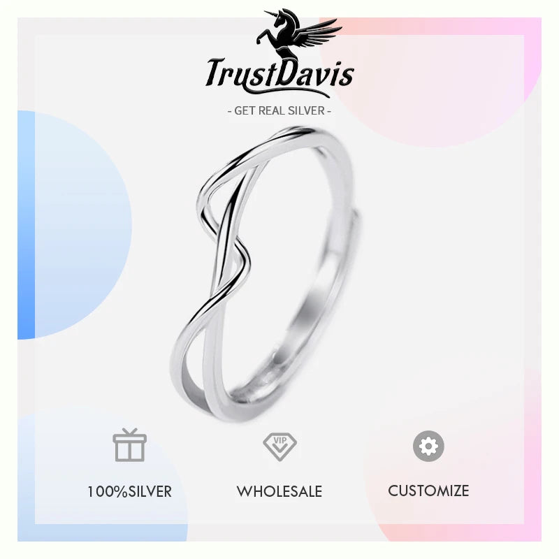 TrustDavis Real 925 Sterling Silver Women's Fashion Simple Geometric Cross-line Ring for Women Girls Fine Jewelry Gift DS4672