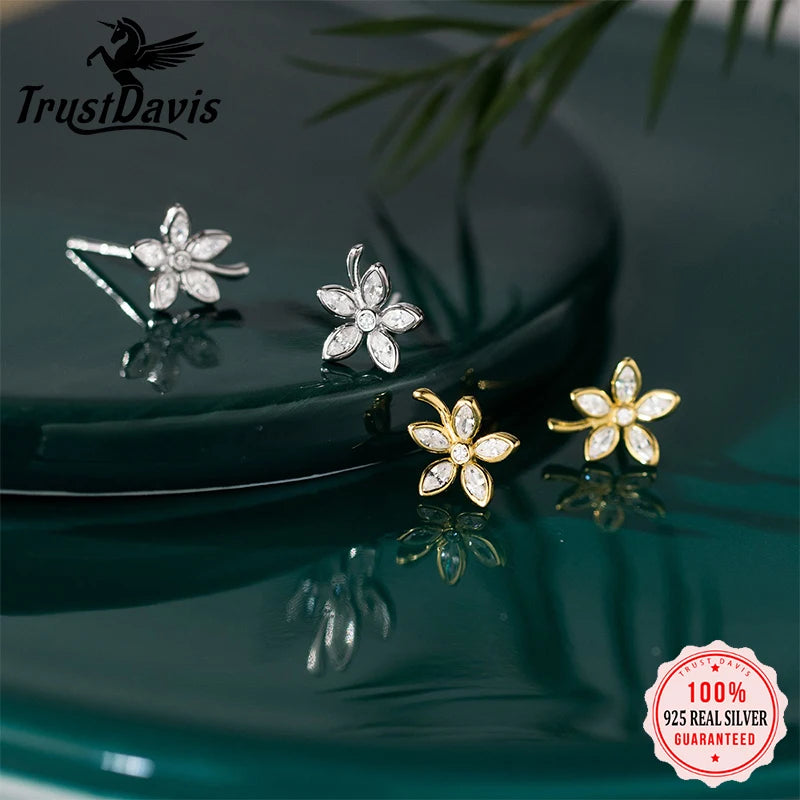 TrustDavis Real 925 Sterling Silver Fashion Flower CZ Screw Stud Earrings for Women Wedding Valentine's Day Fine Jewelry DS4177