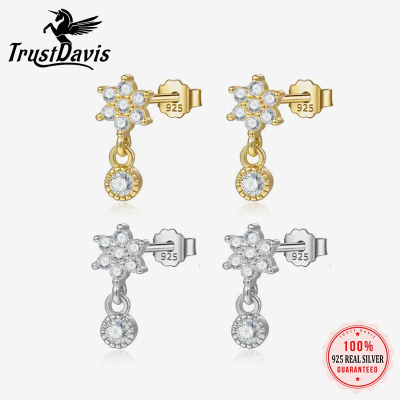 TrustDavis Real 925 Sterling Silver Fashion Flower Zircon Stud Earrings For Daughter Teen Girls Birthday Gift Jewelry DS4601