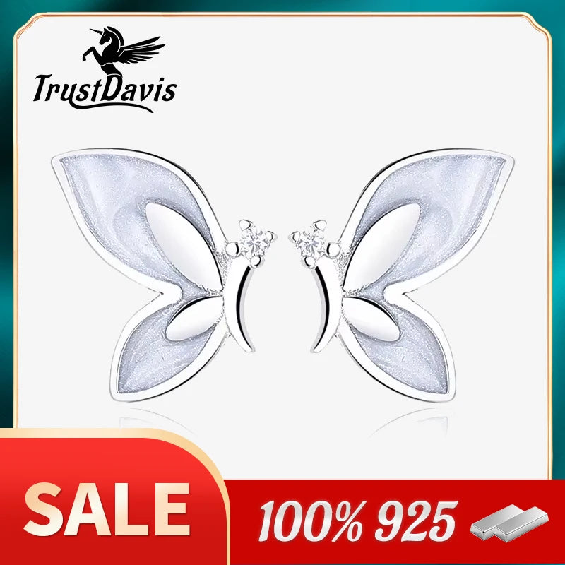TrustDavis Real 925 Sterling Silver Fashion Butterfly Shiny CZ Stud Earrings For Mum Daughter Birthday Party Gift Jewelry DS4379