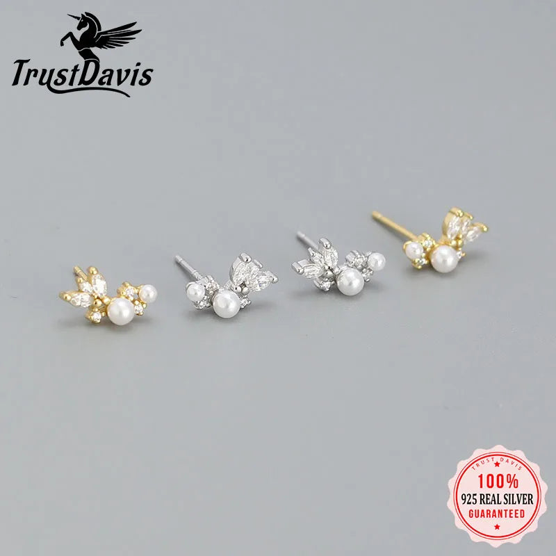 TrustDavis Real 925 Sterling Silver Minimalist Synthetic pearl Stud Earrings For Women Wedding Fine S925 Jewelry Gift DS4032