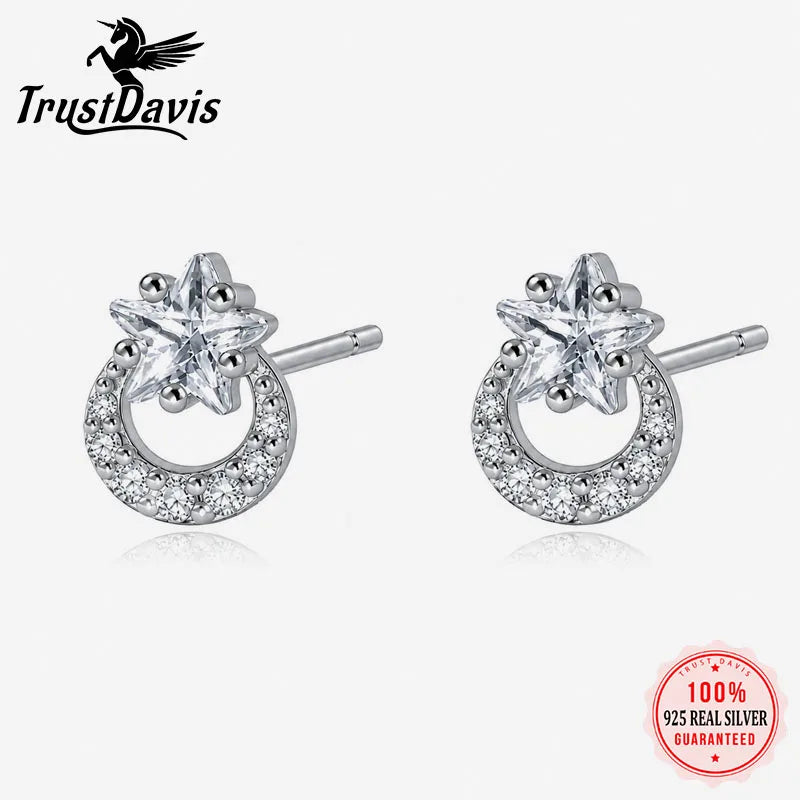 Real 925 Sterling Silver Star Moon Zircon Stud Earrings DS4950