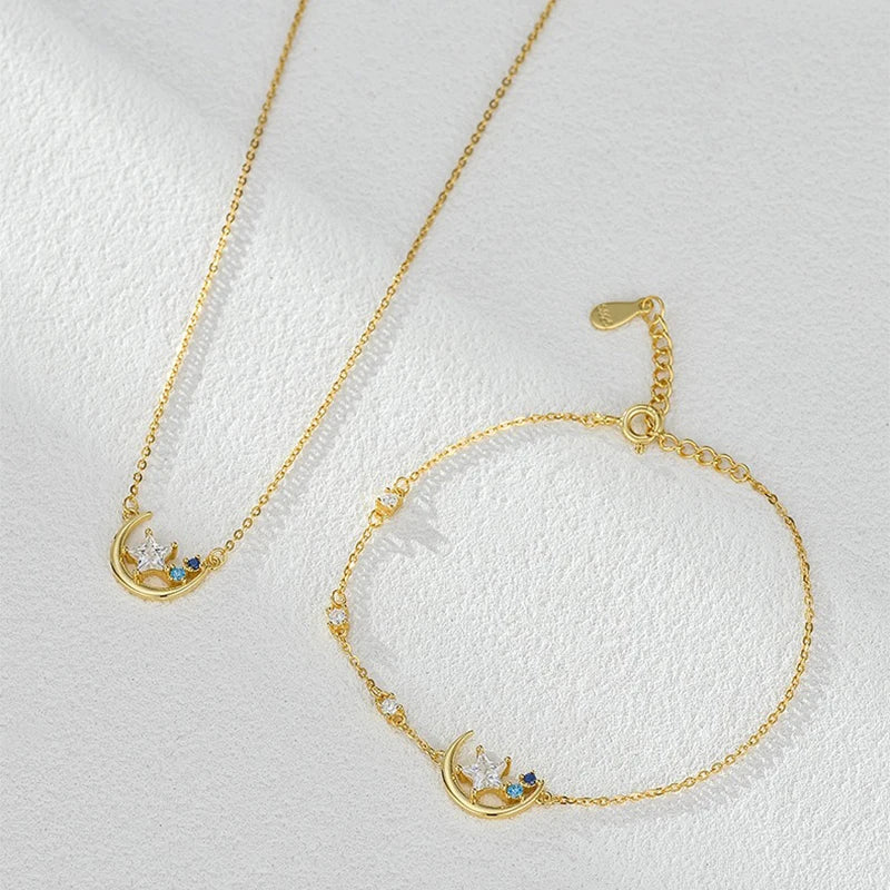 TrustDavis 925 Sterling Silver Women's Fashion Star and Moon Colored Zircon Pendant Necklace for Women Girls Jewelry Gift DS4436