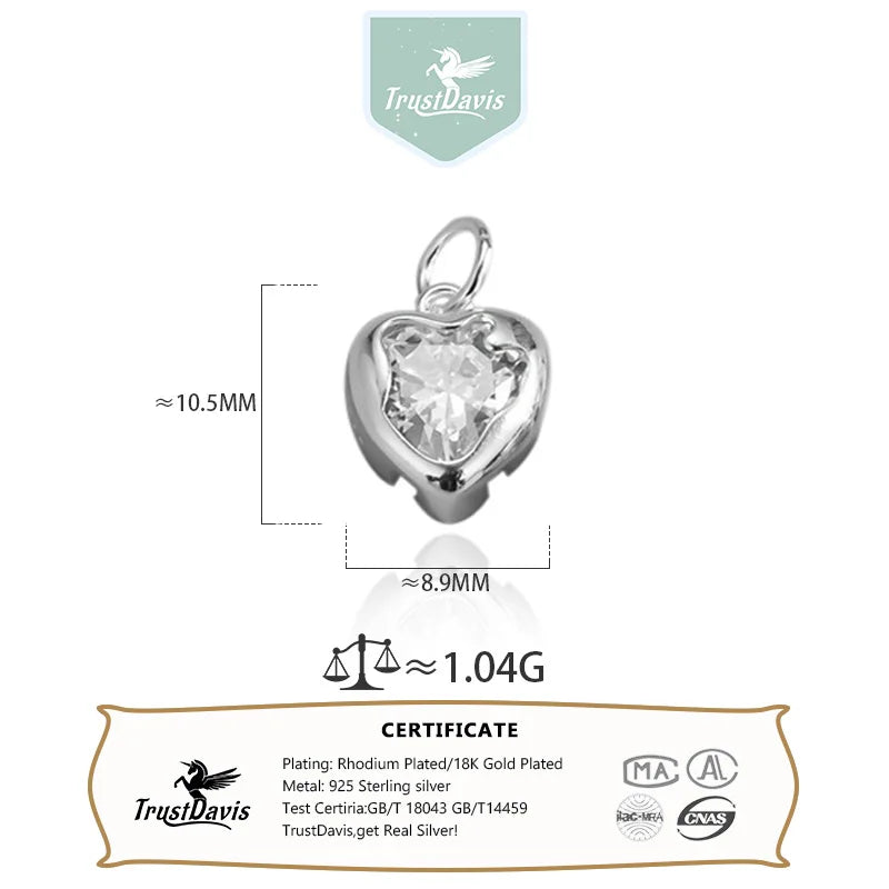 TrustDavis Real 925 Sterling Silver Sweet Zircon Heart Charm Pendant Handmade DIY Accessories Fine Jewelry Wholesale DZ1773
