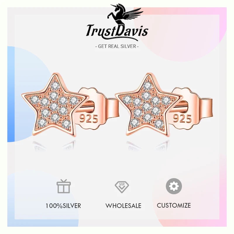 TrustDavis Genuine 925 Sterling Silver Sweet Dazzling Cute Star CZ Stud Earrings For Women Wedding Jewelry Gift DS2185