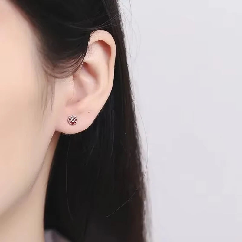 TrustDavis Real 925 Sterling Silver Casual Glaze Flower Screw Stud Earrings For Women Wedding Valentine's Day Jewelry DS4591