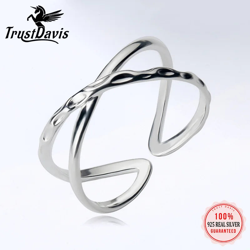Trusta 100% 925 Real Sterling Silver Double Line Opening Rings Elegant Cross Ring Jewelry For Anniversary Adjustable DS798