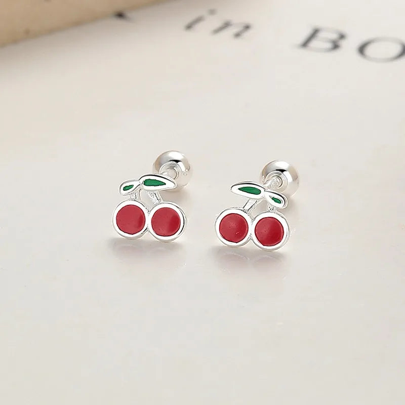 TrustDavis Real 925 Sterling Silver Fashion Sweet Cute Zirconia Cherry Screw Earrings for Women Girls Jewelry Gift DS4734