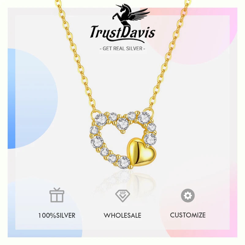 TrustDavis 925 Sterling Silver Women's Fashion Zircon Heart Hollow Earrings and Necklace Set for Women Girls Jewelry Gift DS4432