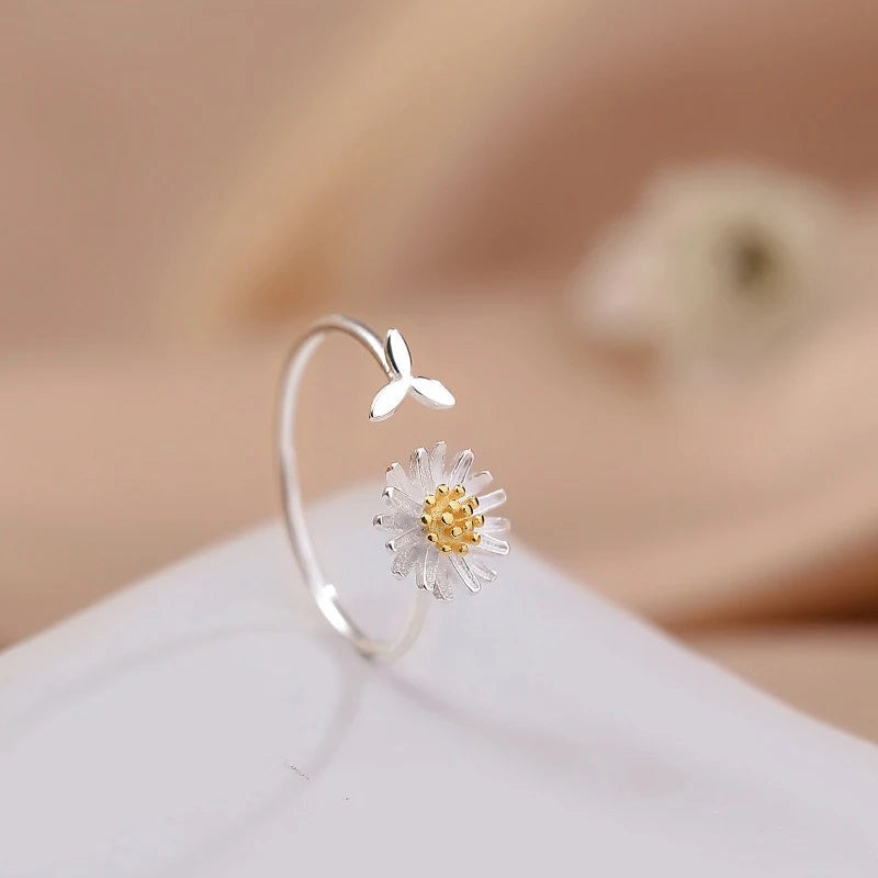 TrustDavis 925 Sterling Silver Women's Fashion Open Daisy Ring Sunflower Adjustable Ring for Women Grils Gift Jewelry DS4470
