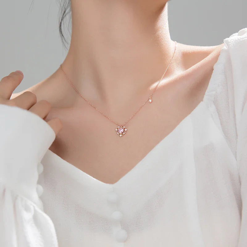 Heart Hollow Pink Stone Short Chain Necklace DS3358