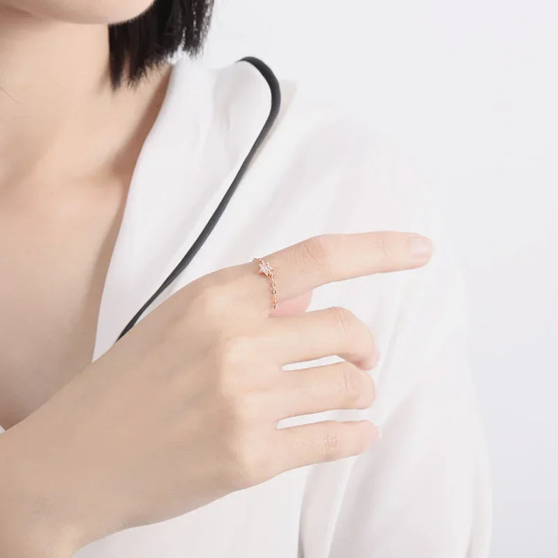 TrustDavis Real 925 Sterling Silver Fashion Moon Star CZ Chain Ring Sizable For Women Wedding Birthday Party Fine Jewelry DA2050