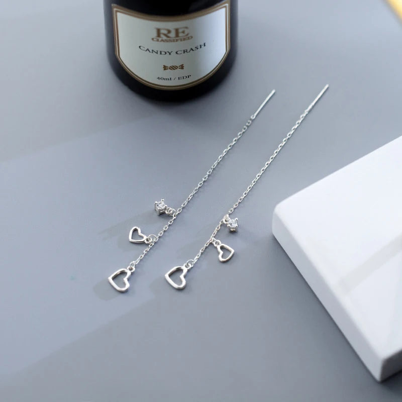 Trustdavis Minimalist 925 Sterling Silver Sweet Tassel Chain Hollow Heart CZ Drop Earring For Women Wedding Fine Jewelry DA1038