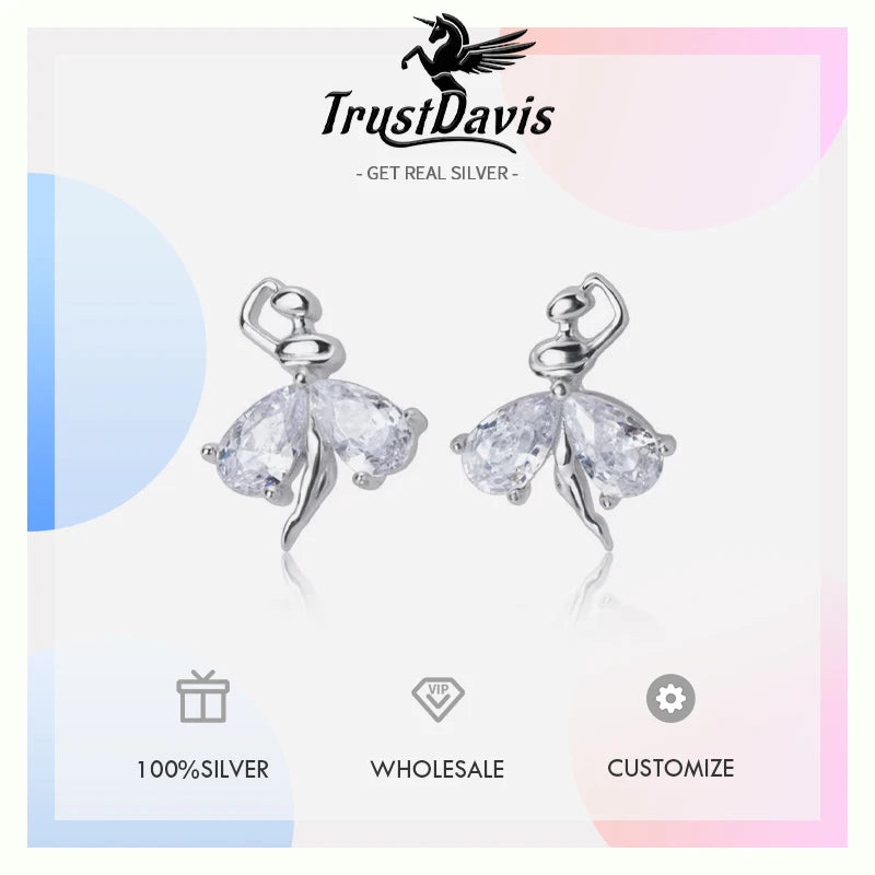 TrustDavis Original 925 Sterling Silver Ballet Dancer CZ Stud Earrings For Women Wedding Party Valentine's Day Jewelry DA2798