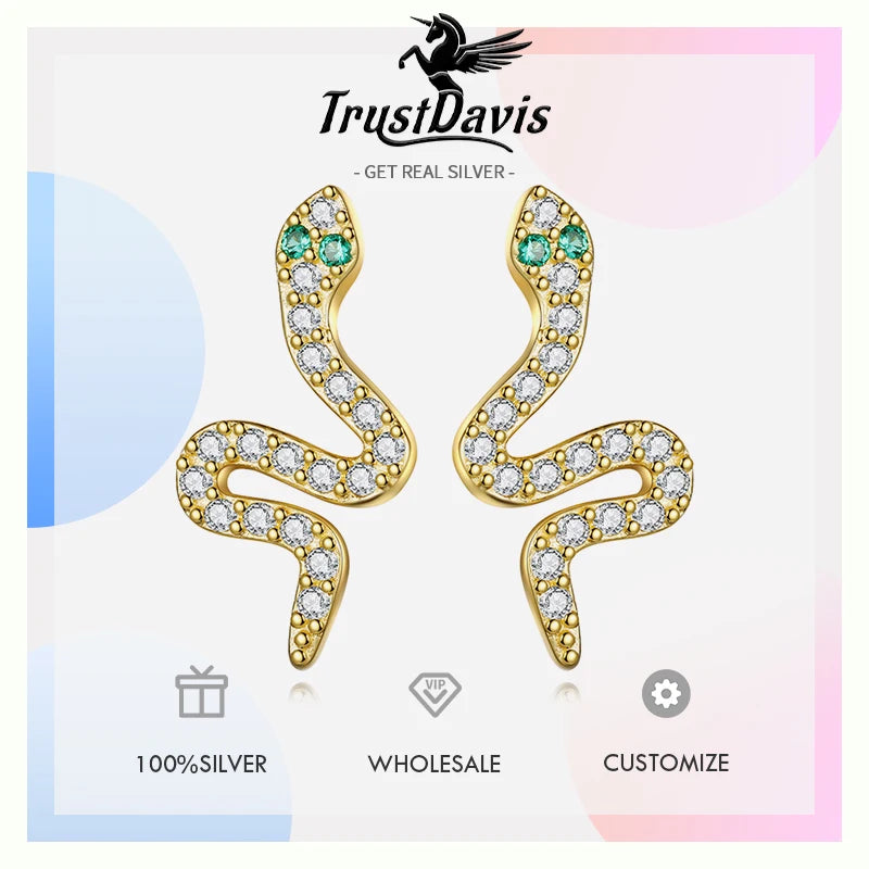 Pendientes TrustDavis Plata de Ley 925 auténtica a la moda con forma de serpiente y espiral de circón para mujeres y niñas, regalos de joyería DS4247