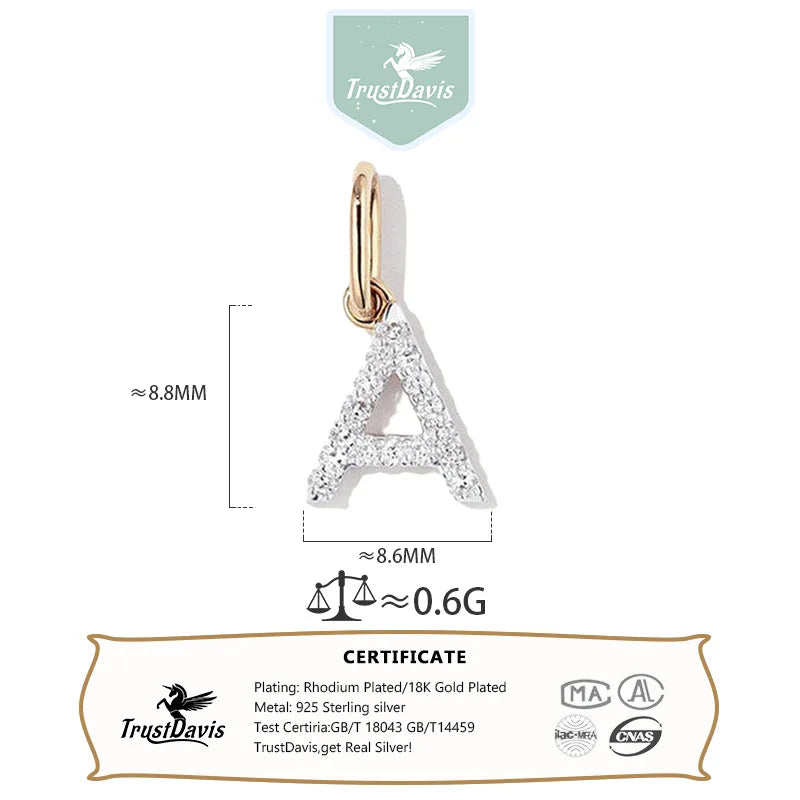 Trustdavis Real 925 Sterling Silver Feshion Simple 26 Letter Zircon Pendant DIY Accessories for Women Girls Fine Jewelry DS4738