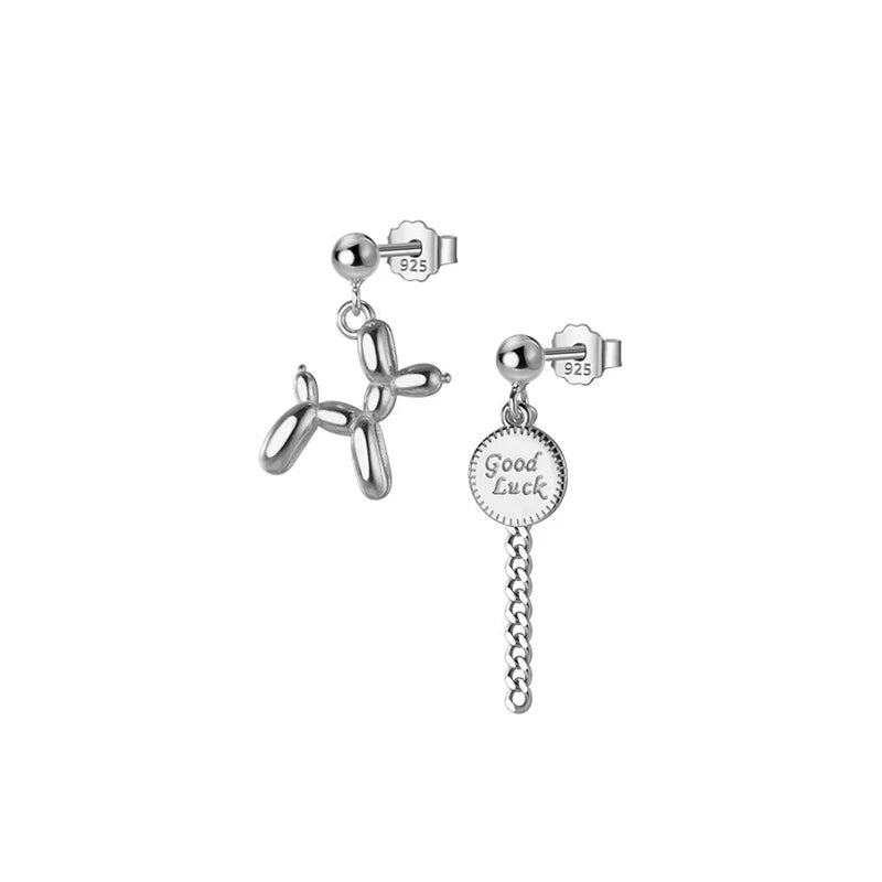 TrustDavis Real 925 Sterling Silver Earrings Asymmetric Balloon Dog Chian Stud Earrings For Women Wedding Party Jewelry DA2662