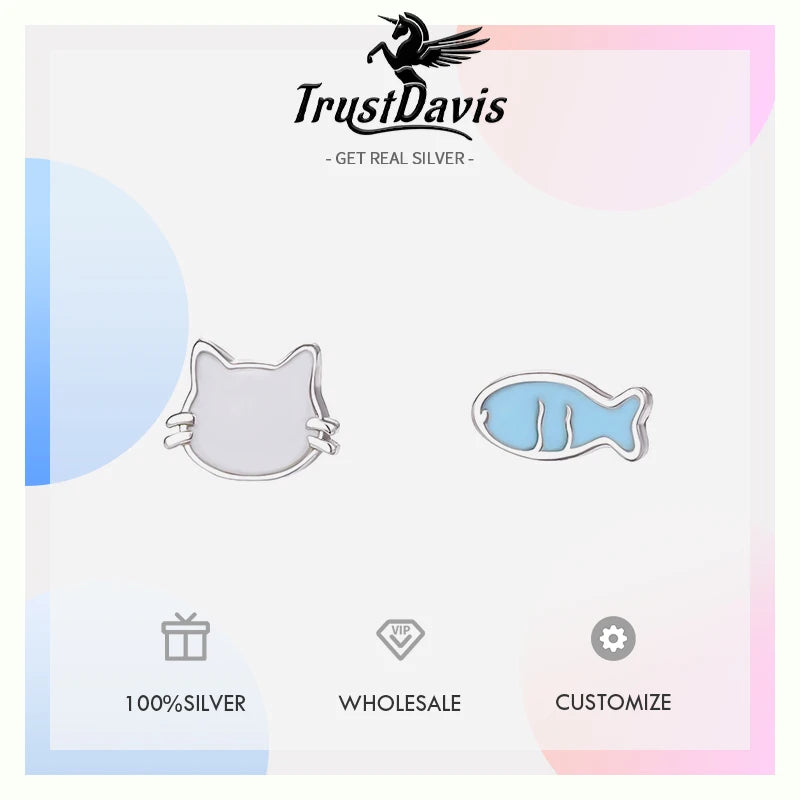 TrustDavis Real 925 Sterling Silver Fashion Sweet and Cute Cat and Fish Earrings for Women Girls Gift Fine Jewelry DS4684