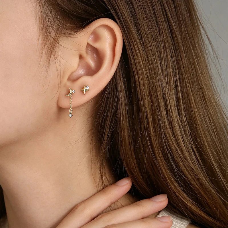 Moon and Star Tassel Zircon Stud Earrings for Women DS4979