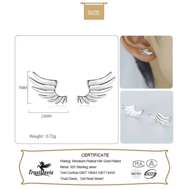 TrustDavis Womens 100% 925 Sterling Silver Earring Jewelry Angel Wings Stud Earrings Birthday Gift for Girls Kids Lady DS1519