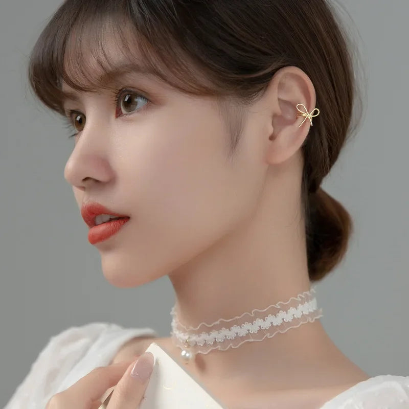 TrustDavis Fashion 925 Sterling Silver Bowknot Ear Cuff Clip on Earrings For Women Girl Without Piercing Earings Jewelry DB1186