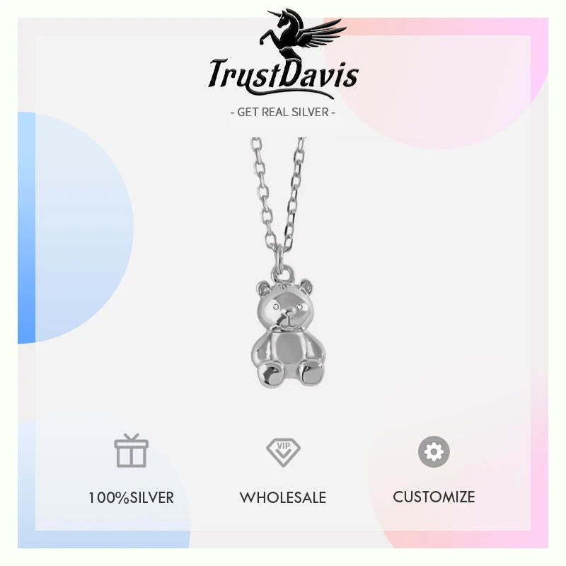 TrustDavis Minimalist S925 Sterling Silver Pendant Necklace For Women Cute Cartoon Bear Neck Chain 925 Necklace Jewelry H00261