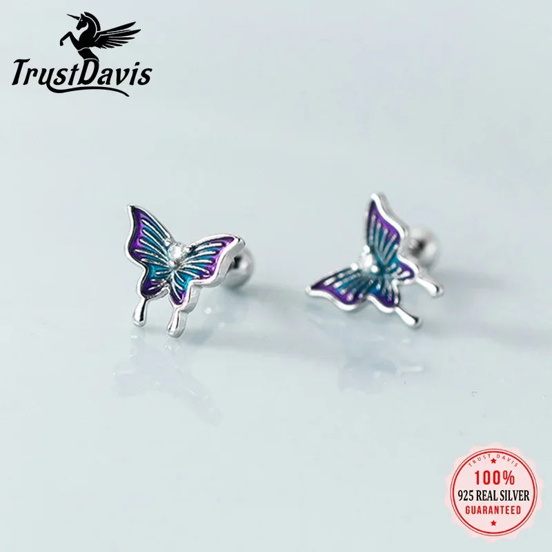 Real 925 Sterling Silver Kids Glaze Insect Butterfly Screw Earrings DG0195