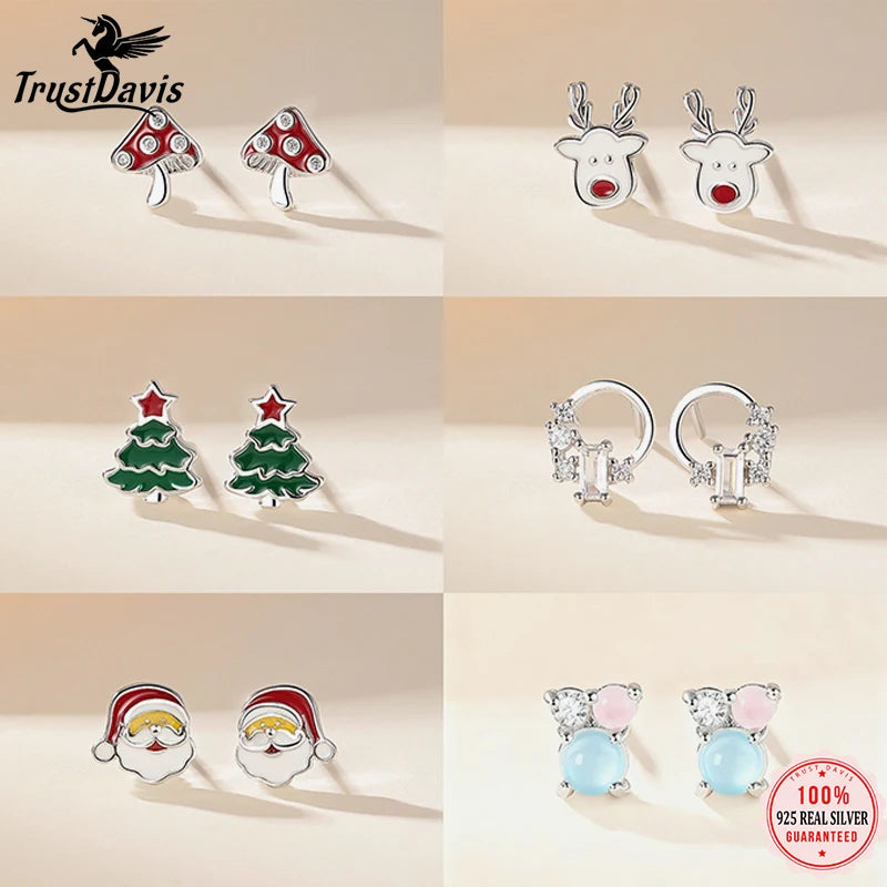 TrustDavis 925 Sterling Silver Cute Reindeer/Christmas Tree/Santa Claus Earrings for Women Girls Christmas Jewelry Gift DS4703