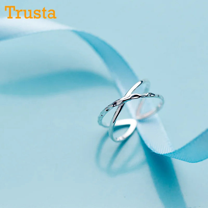Trusta 100% 925 Real Sterling Silver Double Line Opening Rings Elegant Cross Ring Jewelry For Anniversary Adjustable DS798
