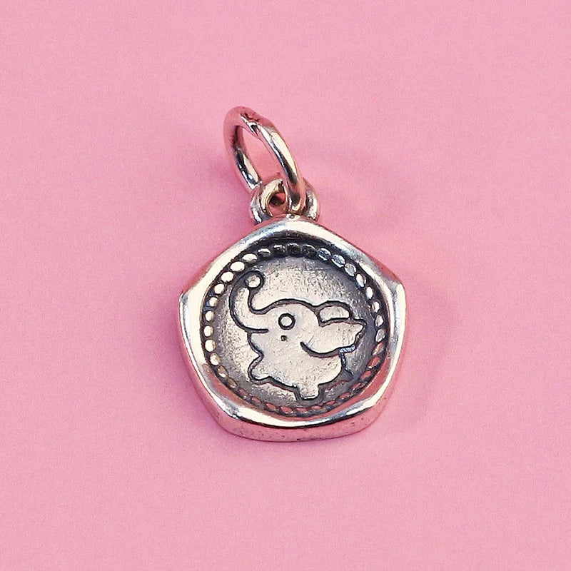 TrustDavis 925 Sterling Silver Cute Circular Elephant Charms Pendant for Bracelet Necklace DIY Accessories DZ1660