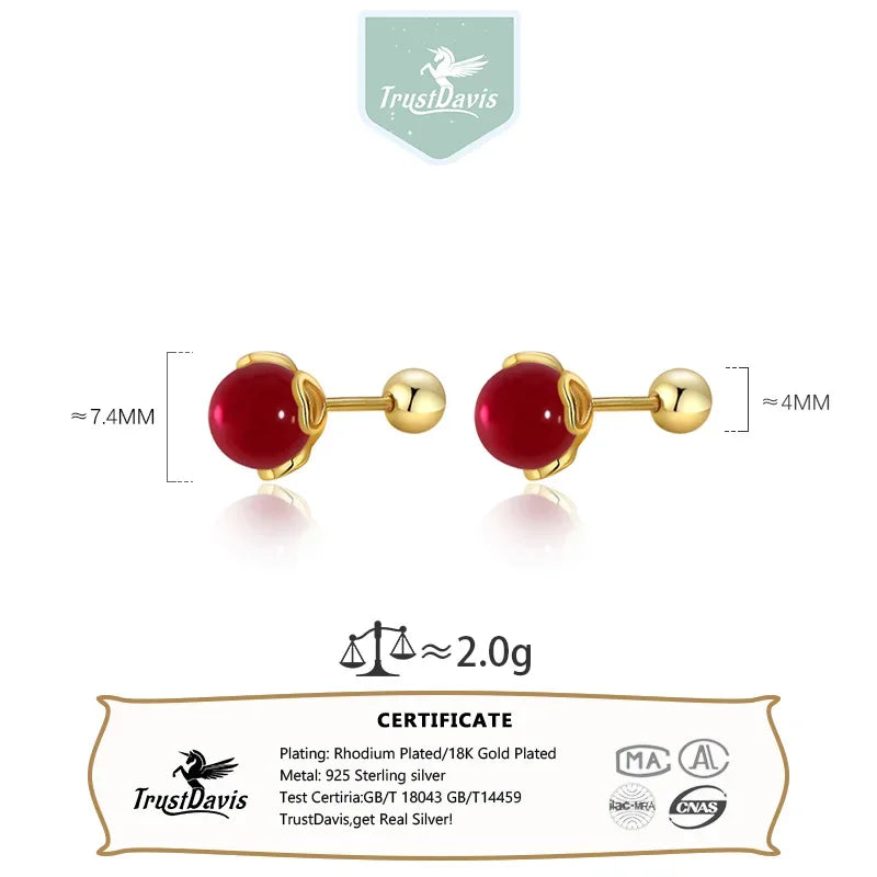 TrustDavis Real 925 Sterling Silver Agate Round Bead Screw Stud Earrings for Women Girls Minimalist Fine Jewelry DS4103