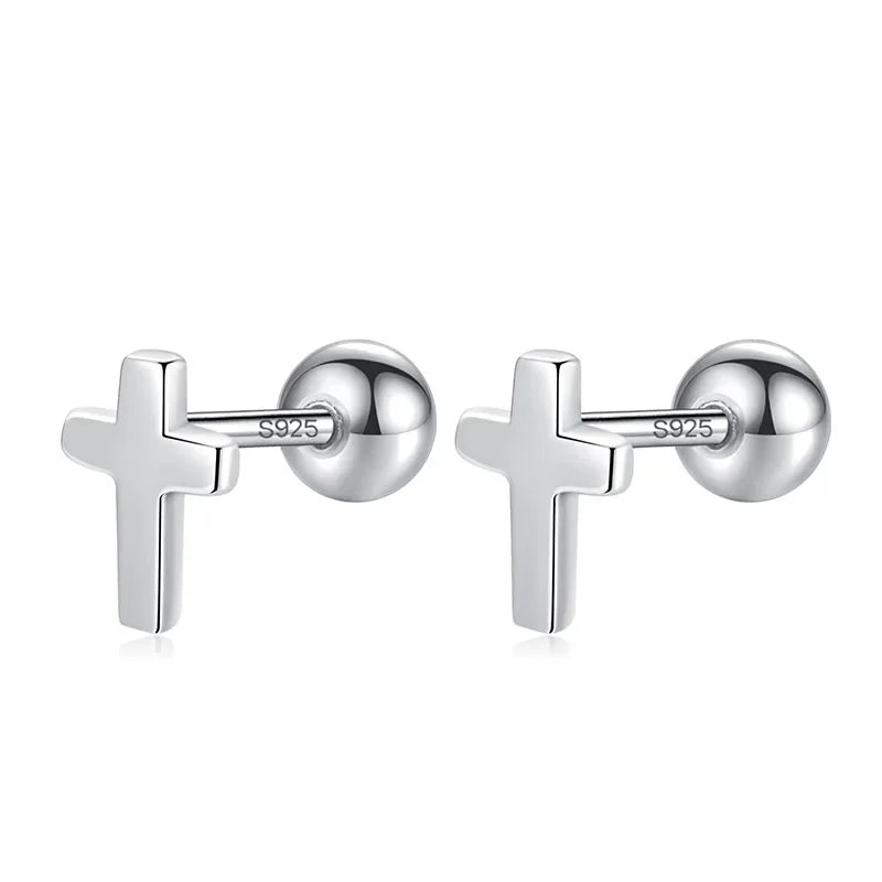 Real 925 Sterling Silver Mini Cross Bead Screw Stud Earrings DA00297