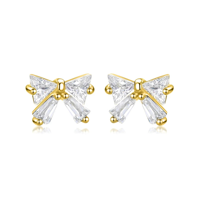 Real 925 Sterling Silver Earring Bowknot Shiny Zircon Screw Earrings DS3476