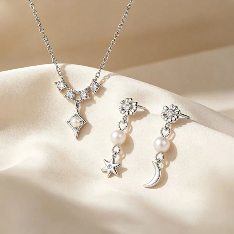 Star Moon Pearl Stud Earring Necklace Set DS4918