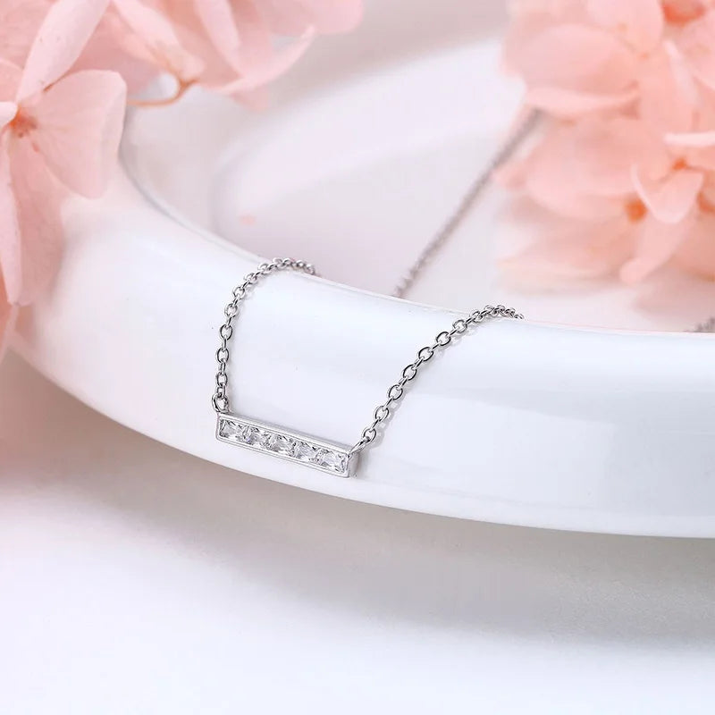TrustDavis Real 925 Sterling Silver Women's Fashion Simple Square Bar with Zircon Necklace for Women Girls Gift Jewelry DS4234