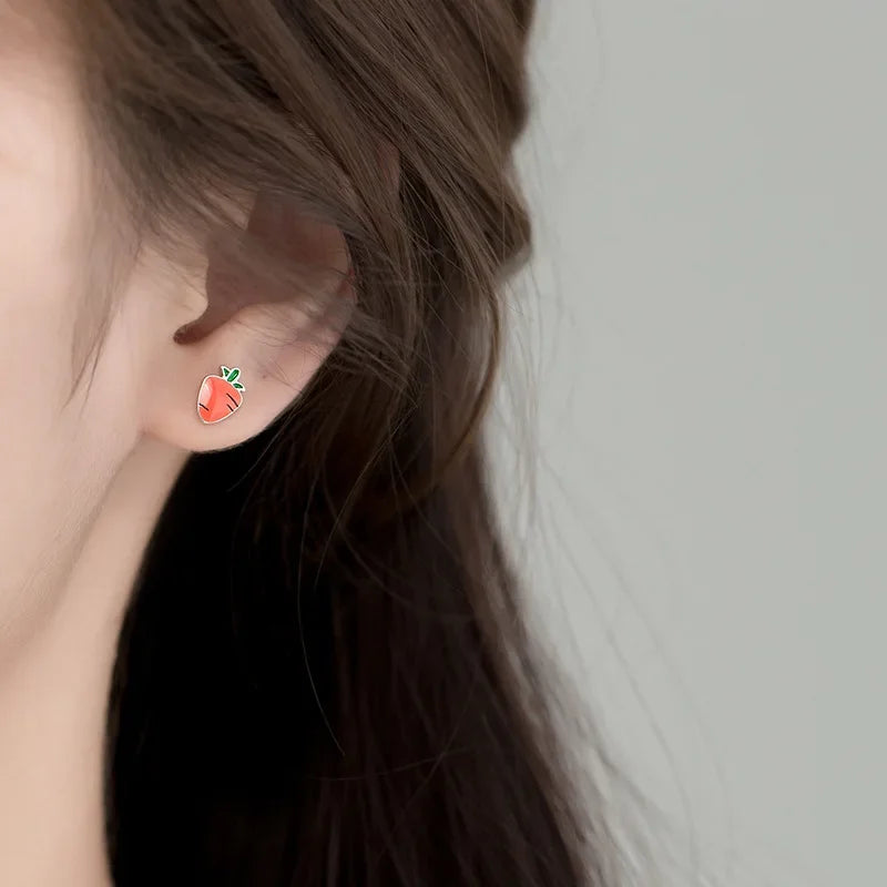 TrustDavis Real 925 Sterling Silver Fashion Cute Small Glaze Rabbit Turnip Stud Earrings Gift For School Girls Teen Lady DS155